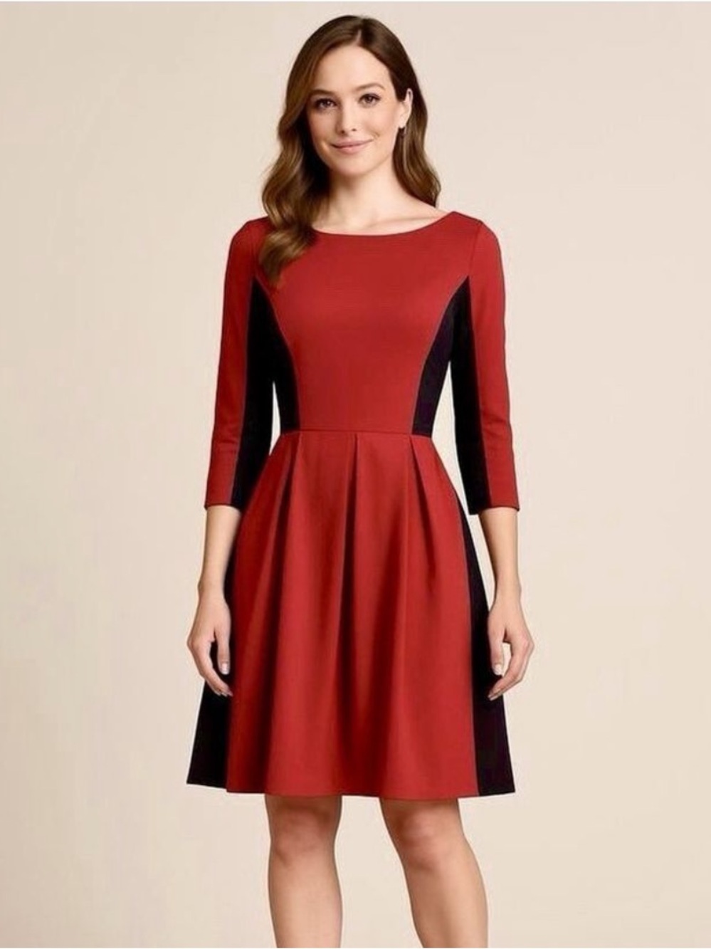 AMANDA UPRICHARD Fit & Flare Colorblock Ponte Knit Midi Dress Large Red Black